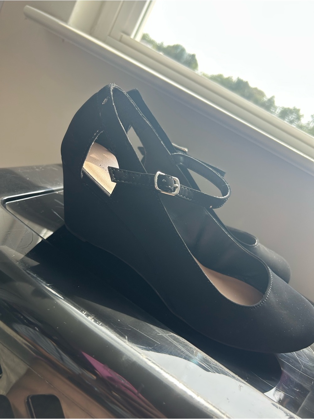Black Mary Jane Wedge Pumps with Ankle Strap